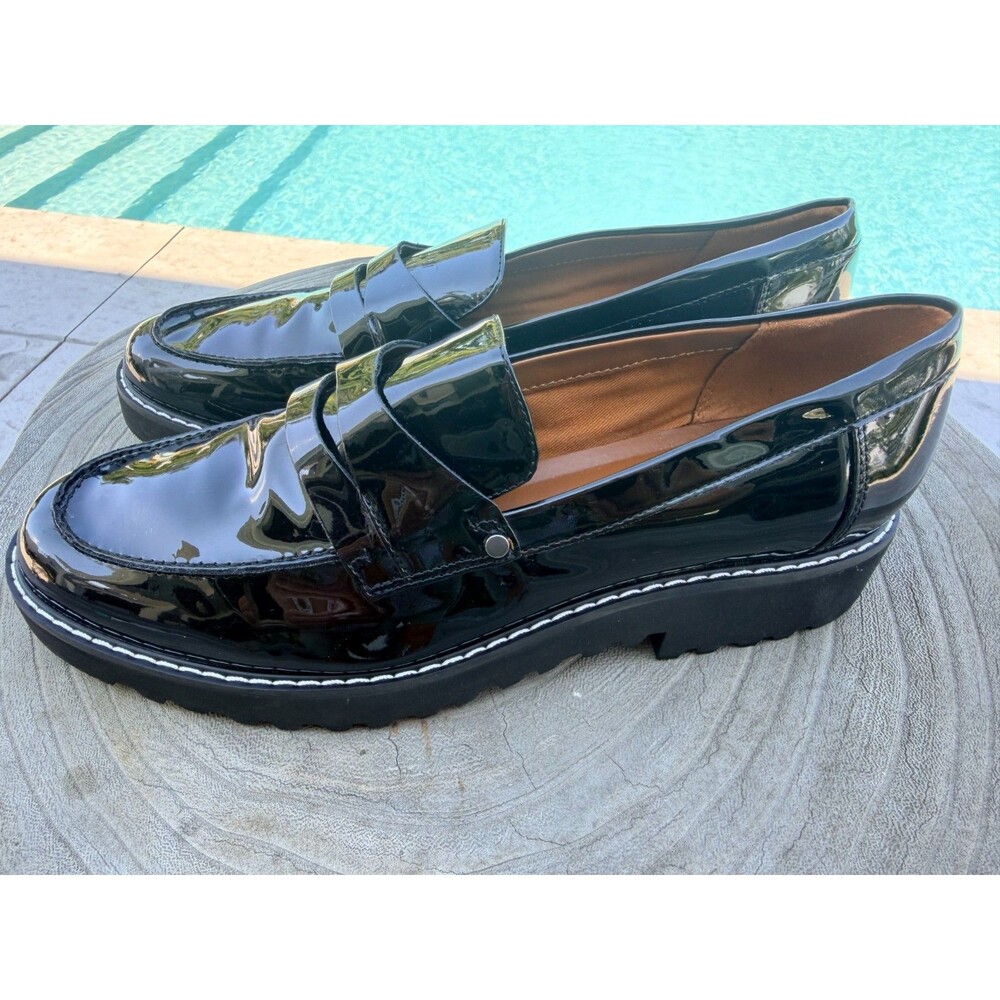 Franco Sarto Cassandra Penny Loafer Lug Sole Black Faux Patent Leather Size 8